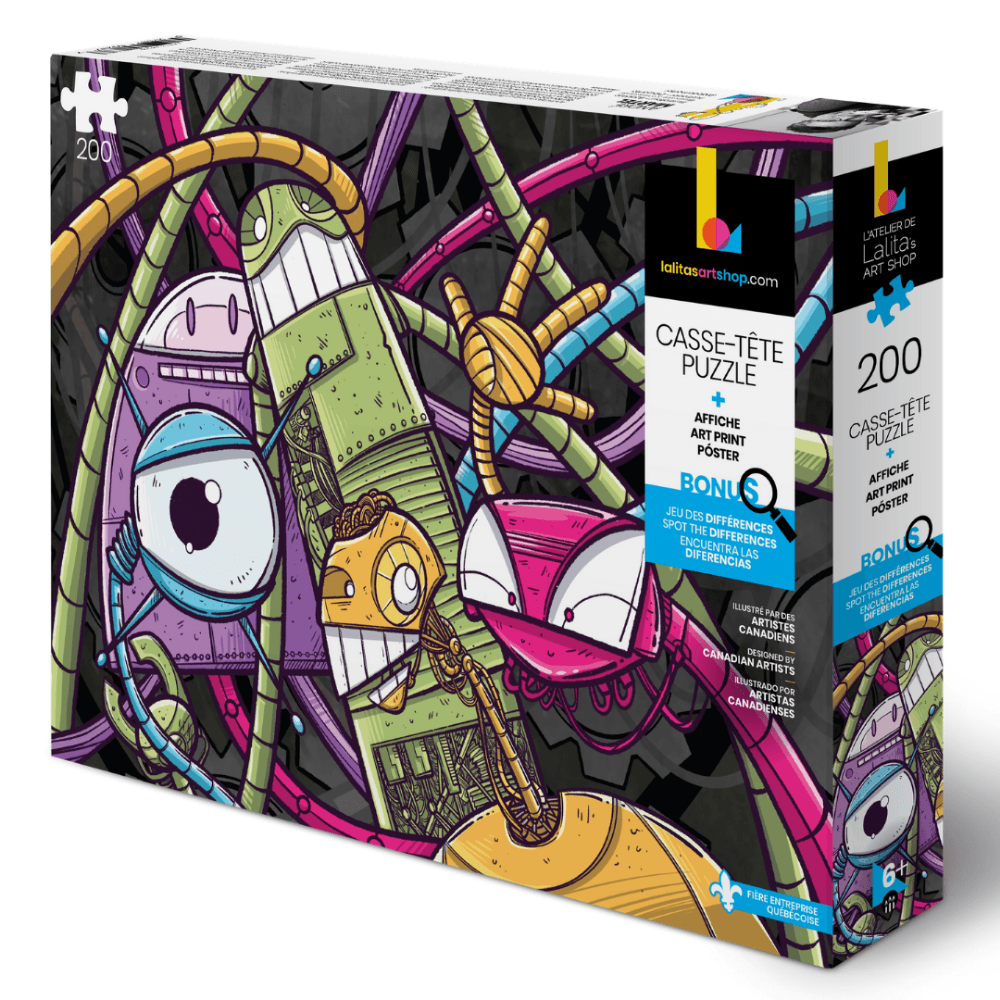 Box of Lalita's Art Shop 'Puzzle Friendly Robots' jigsaw puzzle showing colourful robot characters.