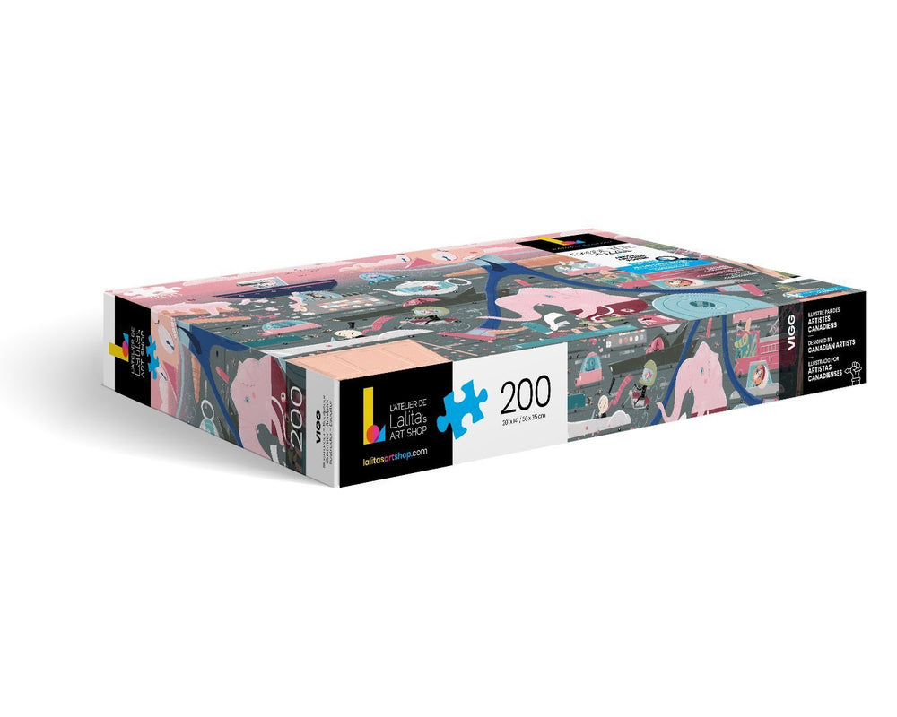 Side view of the Puzzle Panic in Traffic jigsaw puzzle box, showing the Vigg artist credit.