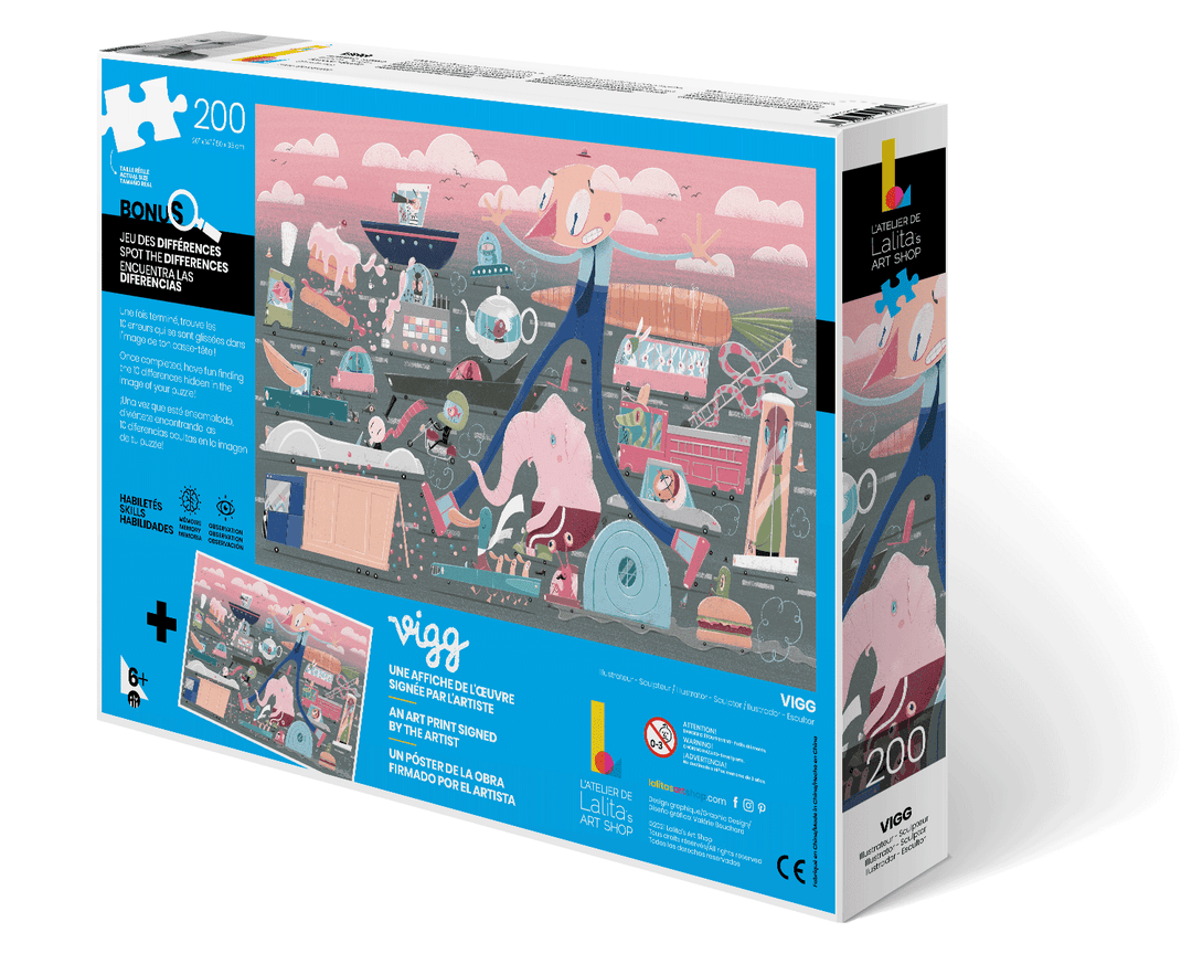 Back of the Puzzle Panic in Traffic 200-piece jigsaw puzzle box, detailing contents and age recommendation.