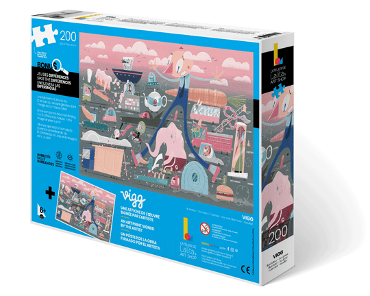 Back of the Puzzle Panic in Traffic 200-piece jigsaw puzzle box, detailing contents and age recommendation.