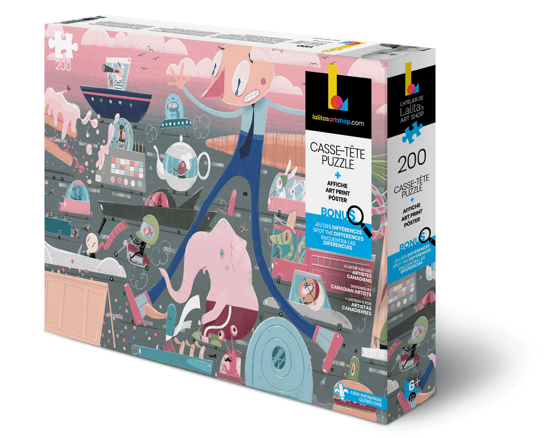 Box of the Puzzle Panic in Traffic 200-piece jigsaw puzzle with a whimsical illustration.