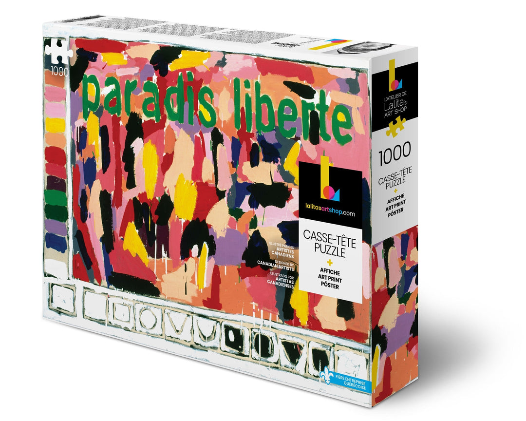 Box for the 1000-piece Puzzle Paradis Liberté featuring abstract art with the text 'paradis liberte' in green.