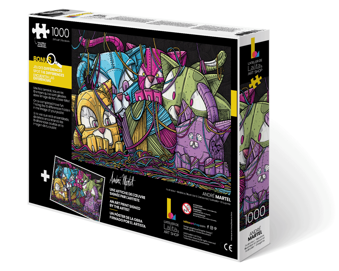 Back of the Puzzle Robocats 1000 piece jigsaw puzzle box showing included art print