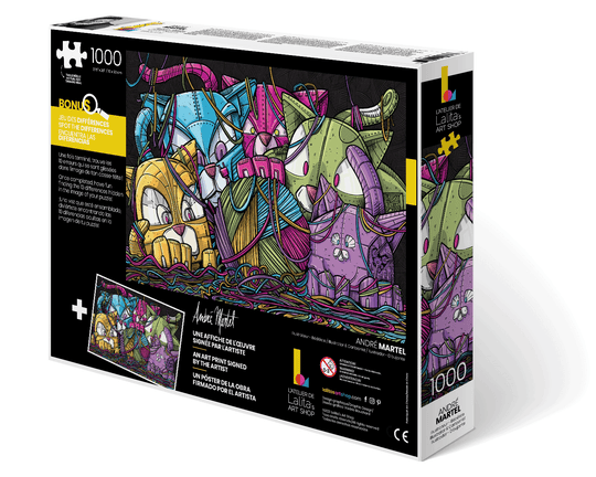 Back of the Puzzle Robocats 1000 piece jigsaw puzzle box showing included art print