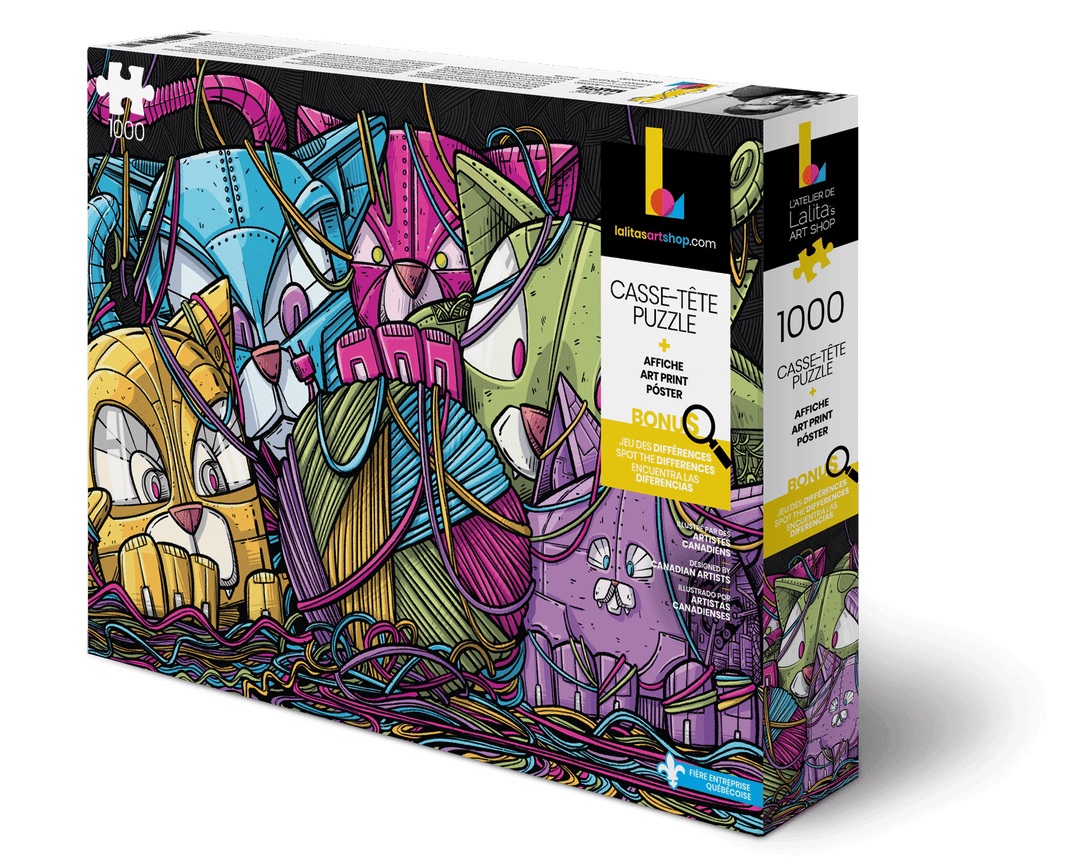 Box of the Puzzle Robocats 1000 piece jigsaw puzzle with colourful robot illustration