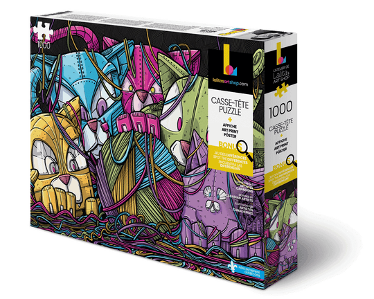 Box of the Puzzle Robocats 1000 piece jigsaw puzzle with colourful robot illustration