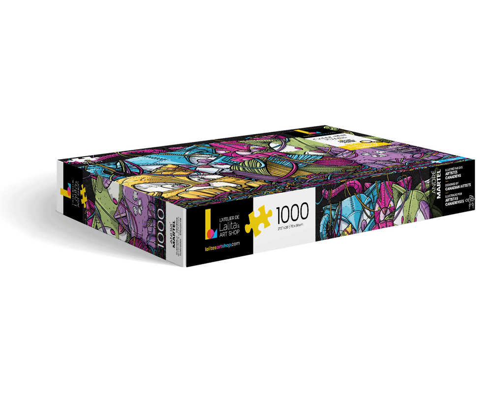 Side view of the Puzzle Robocats 1000 piece jigsaw puzzle box