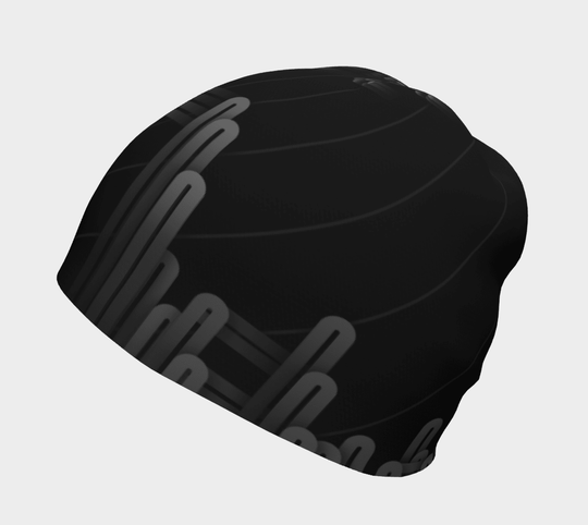 Close-up of the black Radio City Beanie with its futuristic grey pattern.