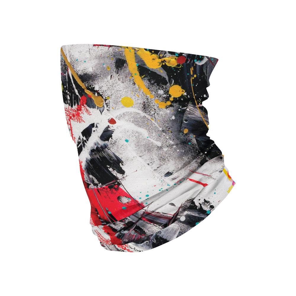 Abstract red, white, yellow, and black paint splatter pattern on a multifunctional tube.