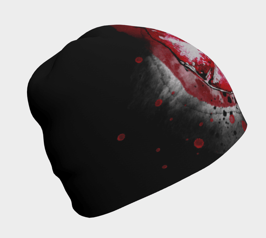 A side view of the Red Rose Beanie, highlighting the dramatic red rose graphic with black and grey accents.