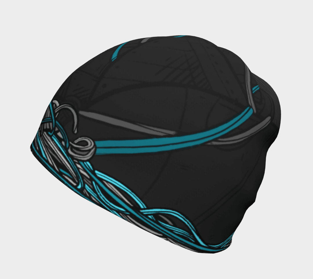 Black and blue beanie with a robotic cat design, shown from the side.
