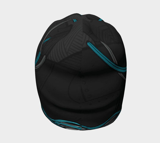 Top view of the Robocats Black and Blue Beanie, showcasing the full robotic cat artwork.