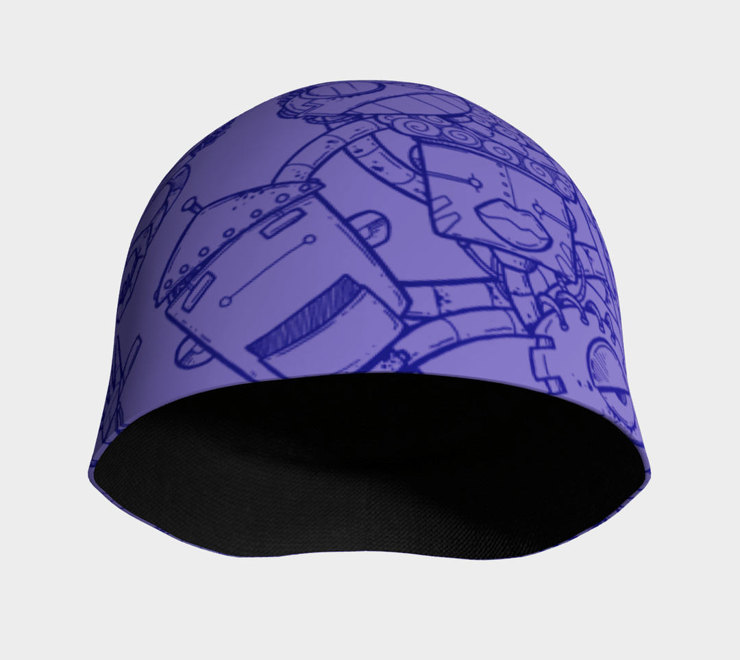 Inside view of a purple beanie with a black bamboo lining, showing the robot art design on the exterior.