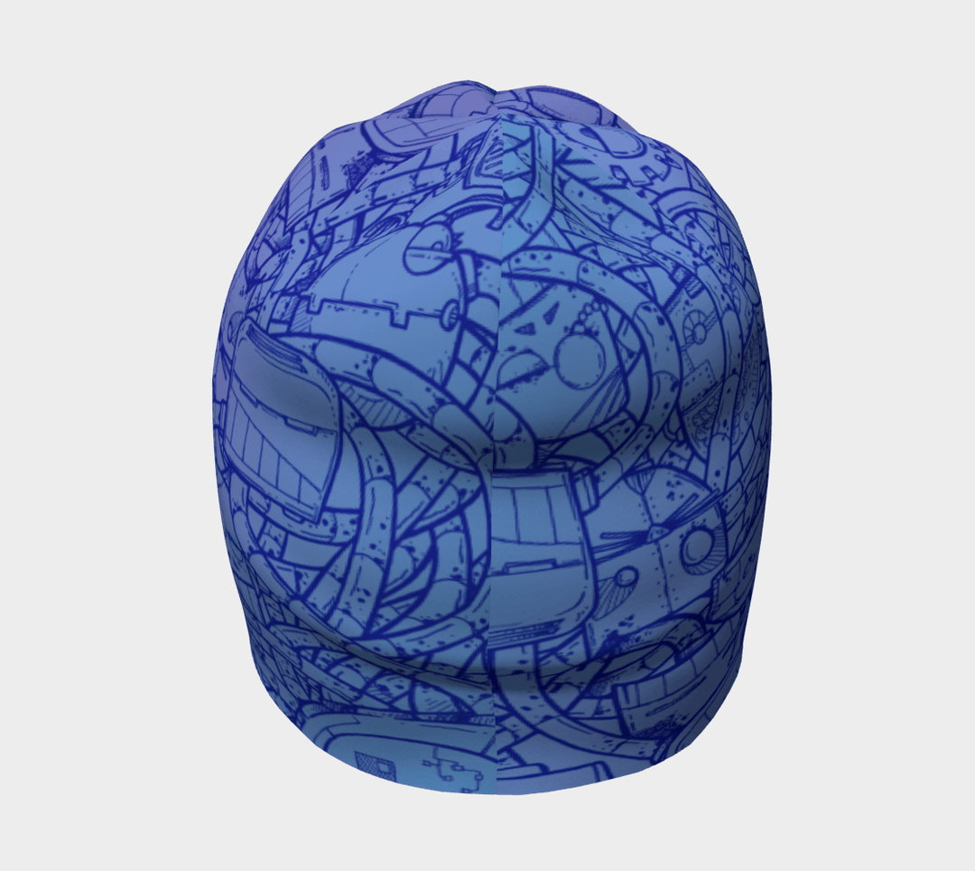 A beanie with a detailed blue line drawing of a robot invasion design, shown from the front.