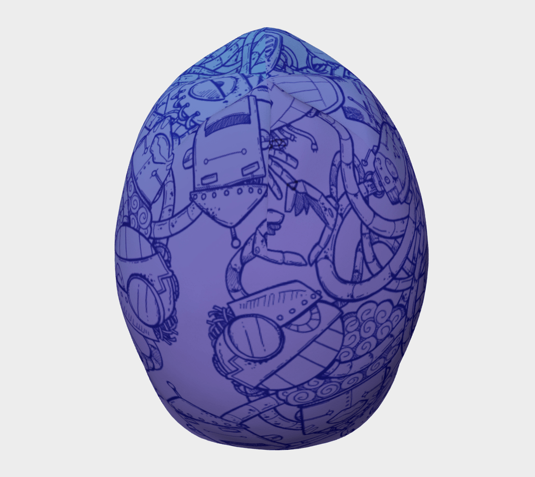 A beanie with a detailed blue line drawing of a robot invasion design, shown from a slightly angled front view.
