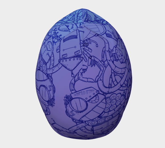 A beanie with a detailed blue line drawing of a robot invasion design, shown from a slightly angled front view.