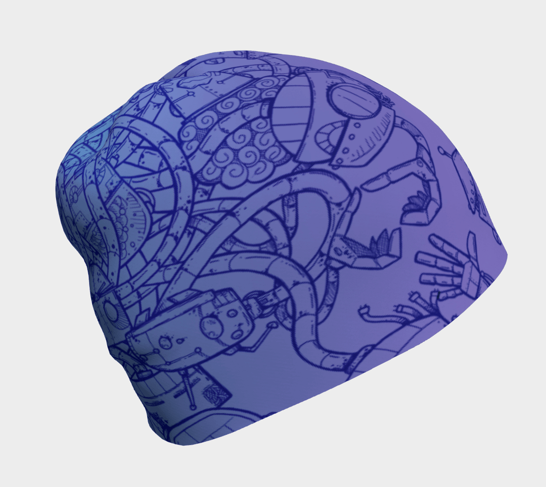 Purple and blue beanie with a detailed blue line drawing of a robot invasion design.