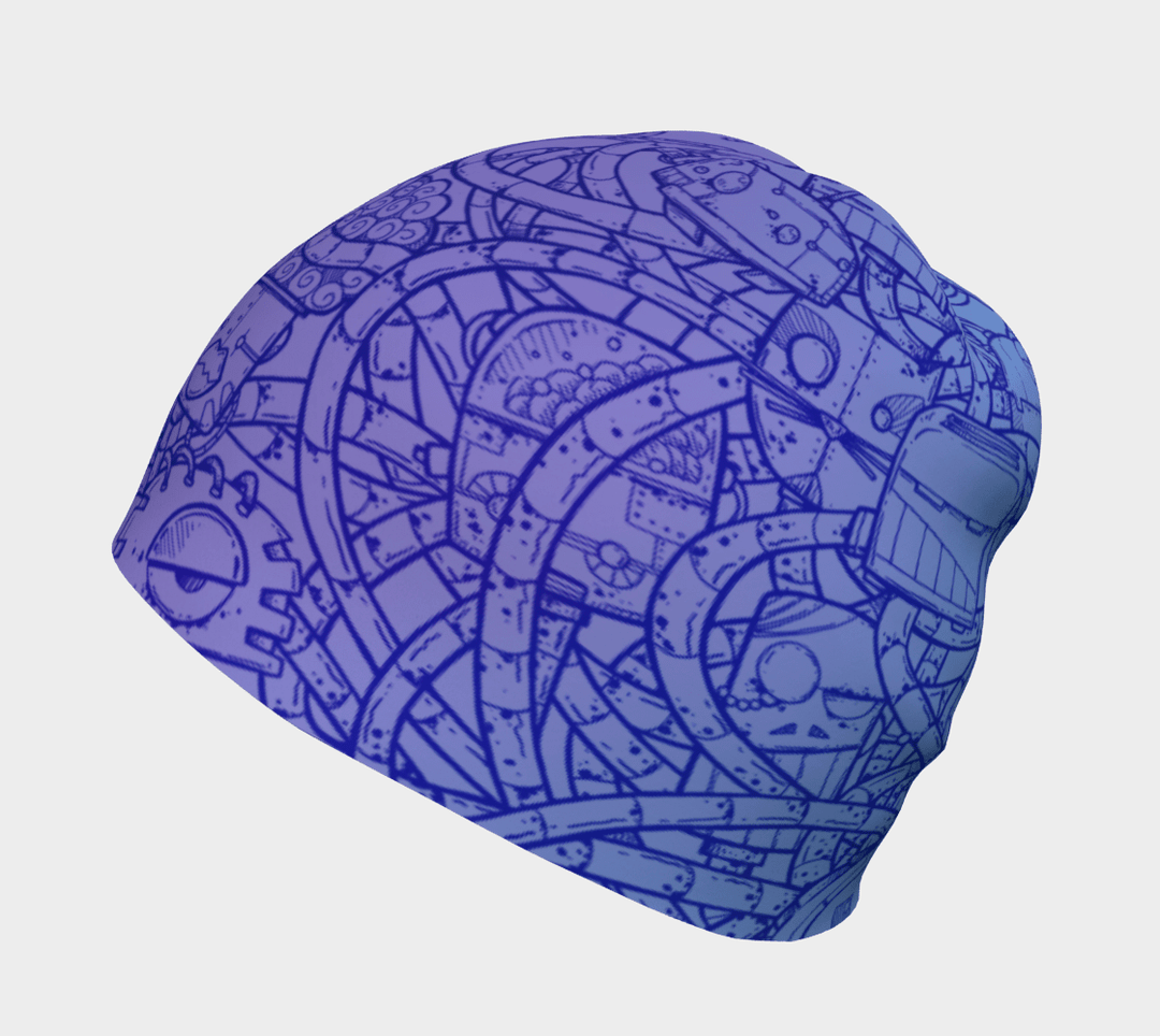 A beanie with a detailed blue line drawing of a robot invasion design, shown from the side.