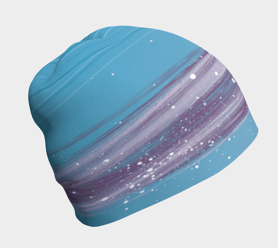 Back view of a blue beanie with abstract brush strokes and watercolor floral art.