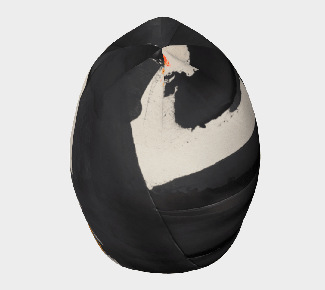 Black beanie with abstract art details, viewed from the top down.