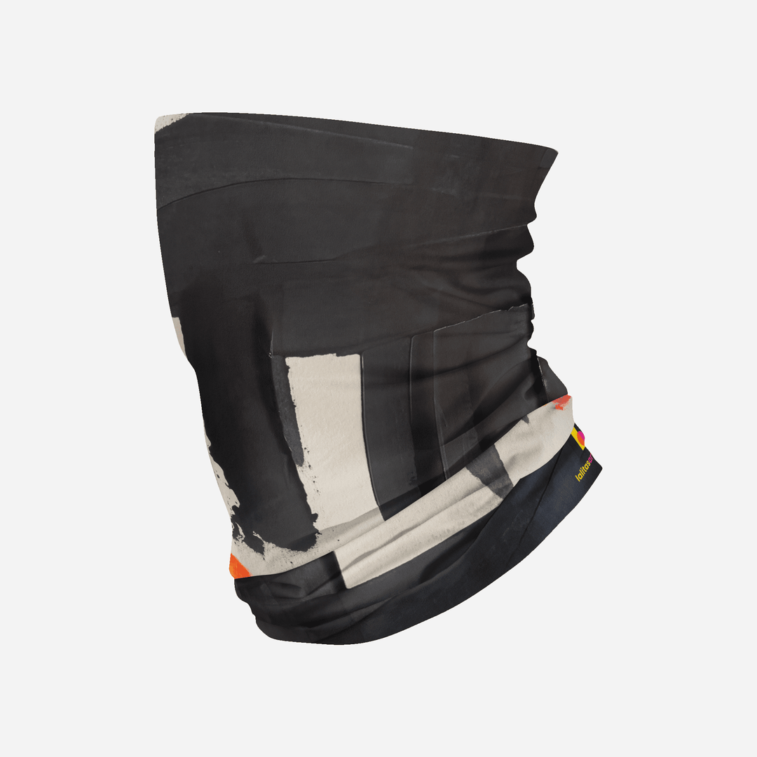 Black and white abstract art bandana tube with orange accents, shown isolated.