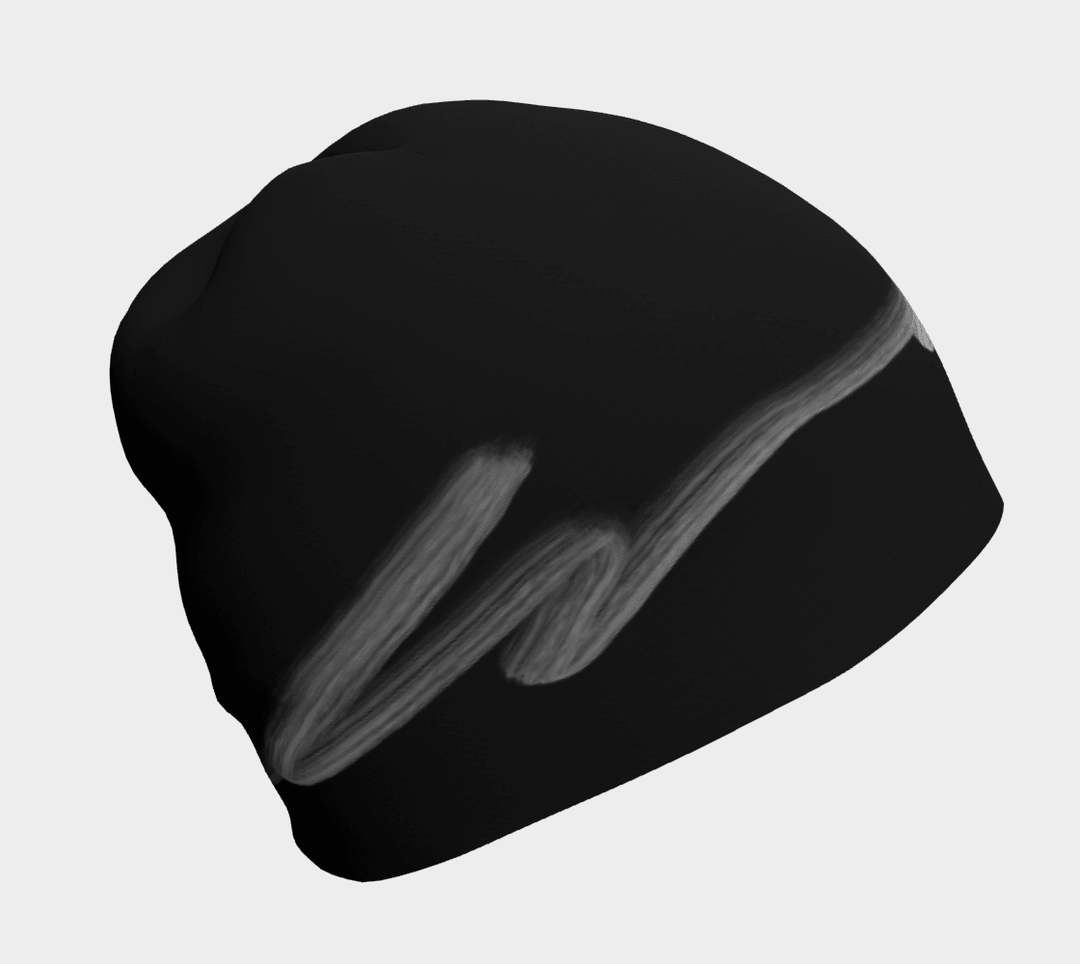 Black beanie with a white abstract brushstroke design.