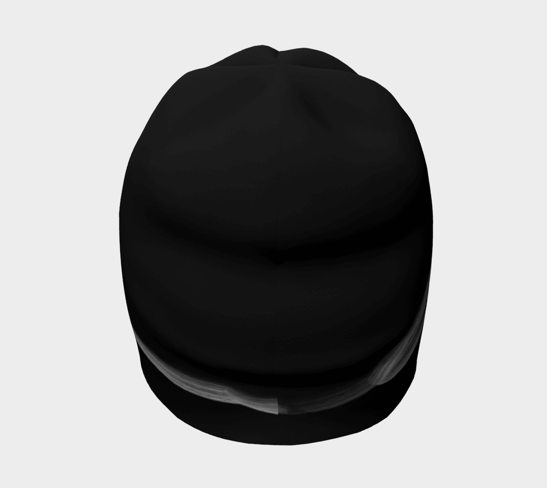 Top-down view of a black beanie with a white graphic stripe around the edge.