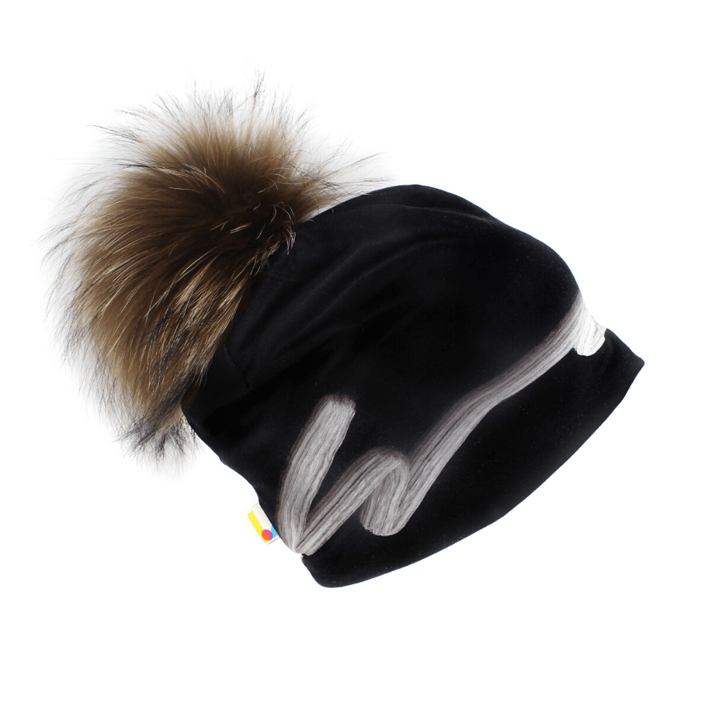 Black Signature Beanie with a large, fluffy brown pompom on a white background.