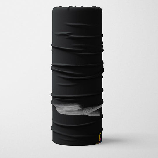 Black multifunctional neck tube with a swatch of white brushstroke art on gray fabric against a white background.