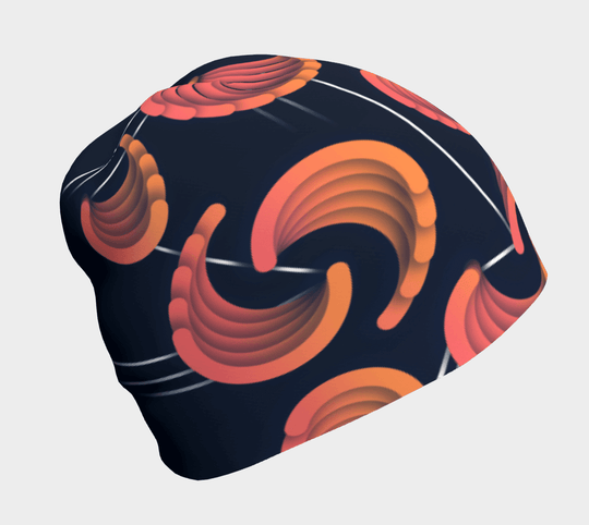 Front view of a navy blue beanie with abstract orange and pink swirl patterns and thin white lines.