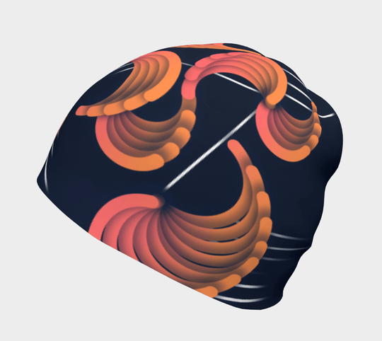 Side view of a navy blue beanie with abstract orange and pink swirl patterns and thin white lines.