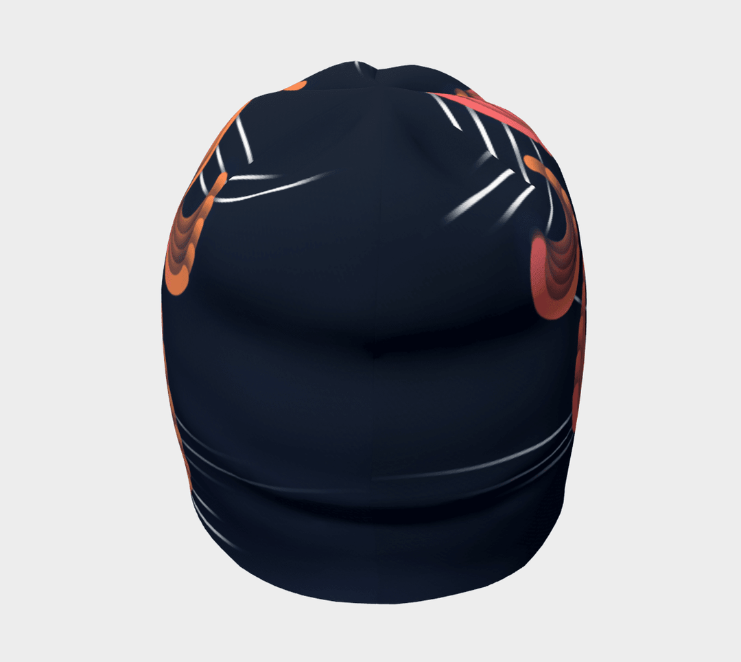 Back view of a navy blue beanie with abstract orange and pink swirl patterns and thin white lines.
