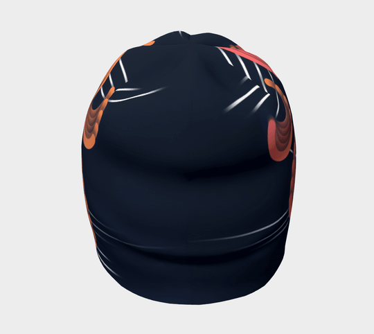 Back view of a navy blue beanie with abstract orange and pink swirl patterns and thin white lines.