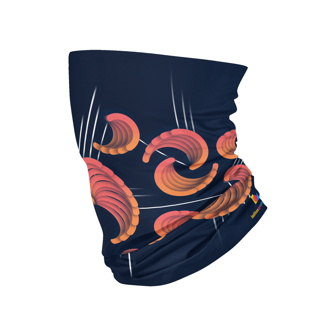 Navy blue multifunctional tube with an abstract coral and orange swirl design, shown on a white background.