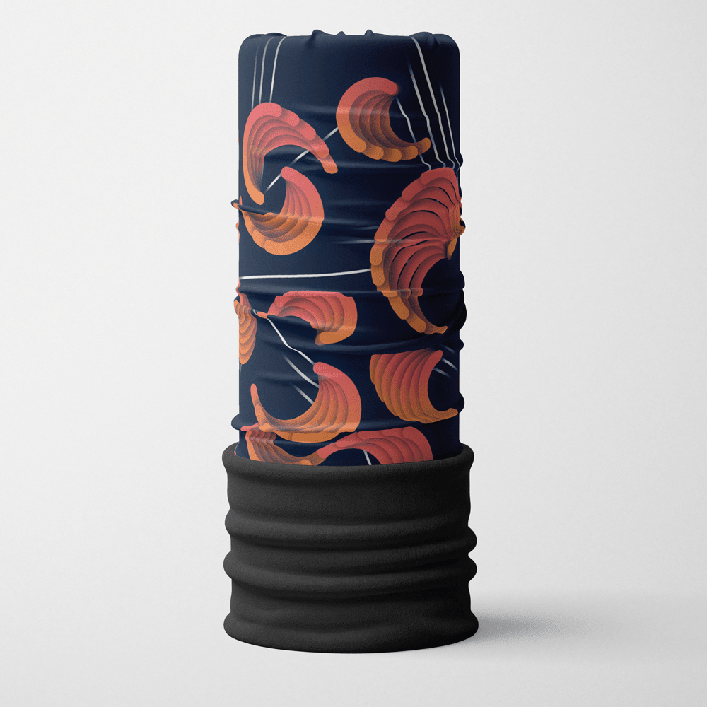 A navy blue multifunctional neck tube with an abstract orange and white design and a black fleece band at the bottom.