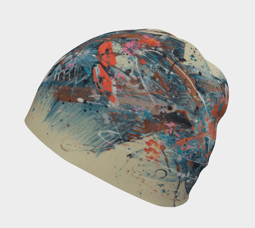 A different angle of the Sphénédon Beanie with abstract art design.