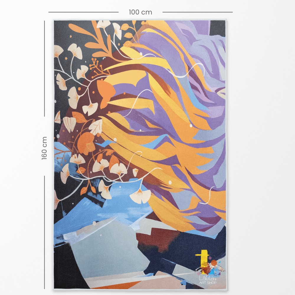 Serviette réversible en microfibre printanière dépliée avec des dimensions de 100 cm x 160 cm, présentant une œuvre d'art florale abstraite.