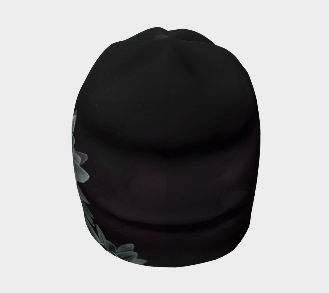 A black beanie with a stylized succulent flower graphic on the side, viewed from the front.