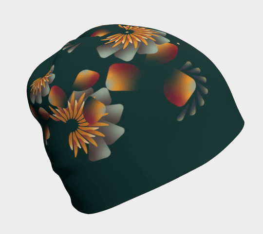 Dark green beanie with a scattered floral pattern of orange, yellow, and red flowers.
