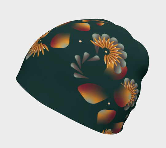 A dark green beanie with a detailed floral design in shades of orange, yellow, and red.