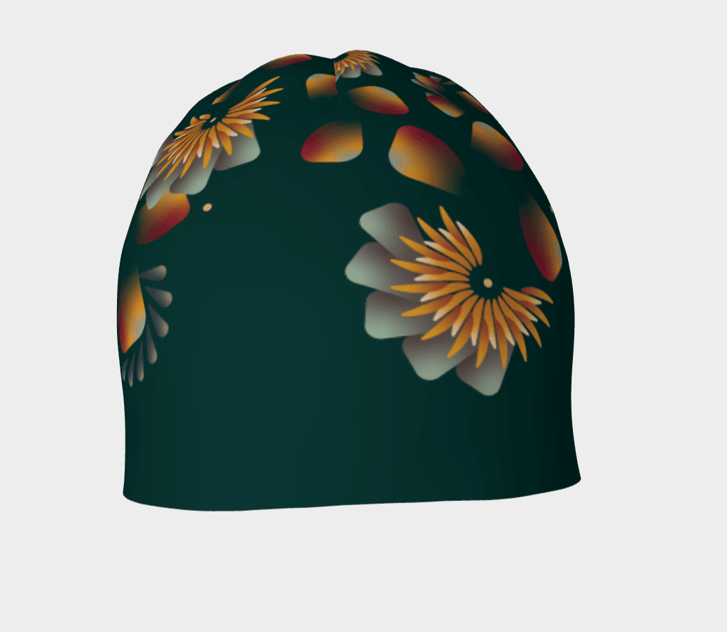 A close-up of a dark green beanie adorned with a vibrant, scattered floral print.
