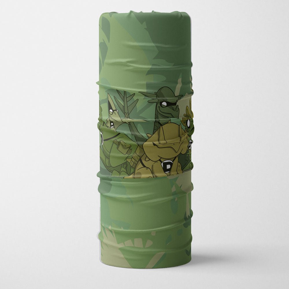 A green multifunctional neck tube with a camouflage pattern featuring a group of cartoon dinosaur characters.