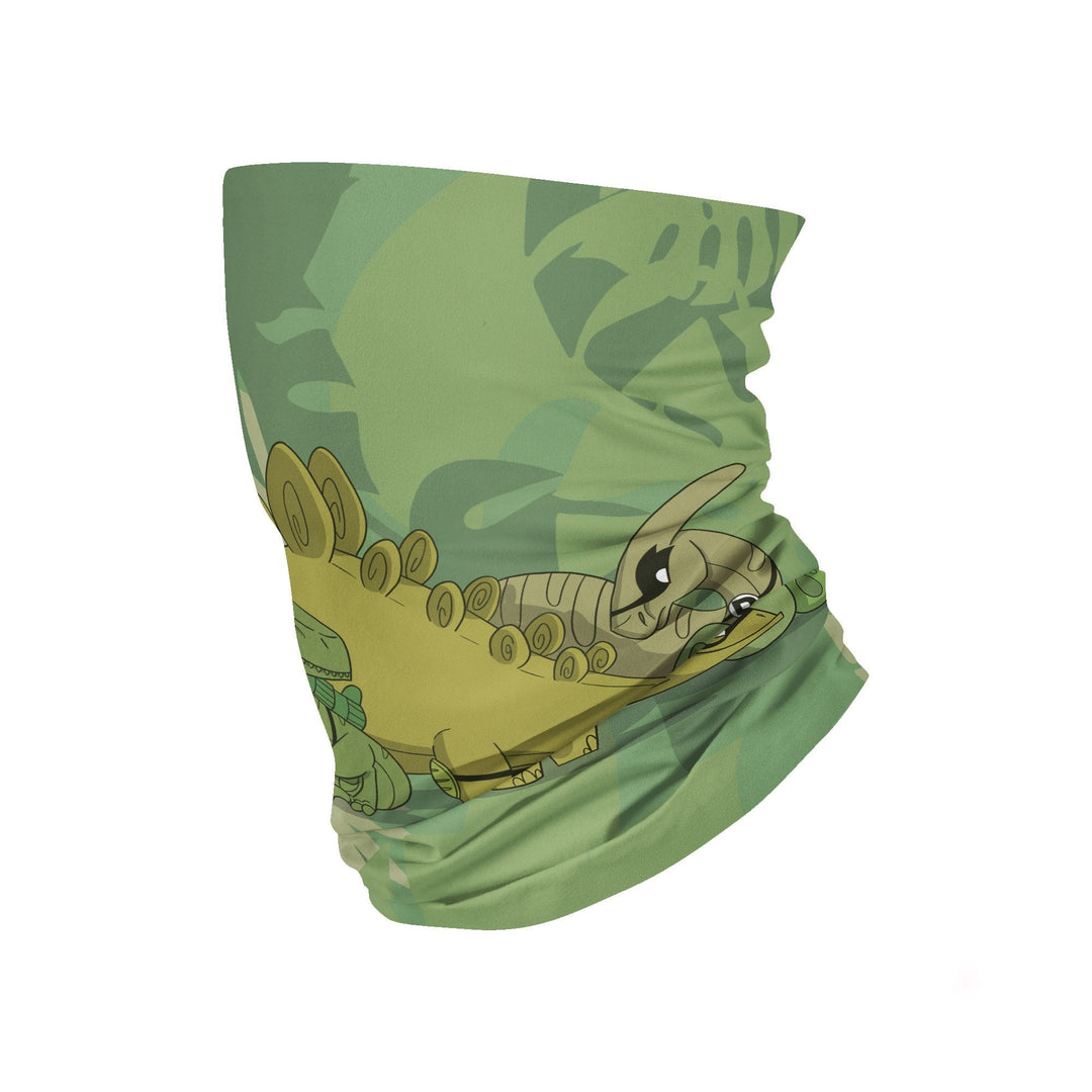 A green multifunctional neck tube with a camouflage pattern and a cartoon dinosaur character in the foreground.