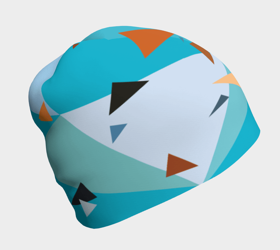 The back of the Swallow Beanie features a repeating pattern of colorful triangles and geometric shapes.