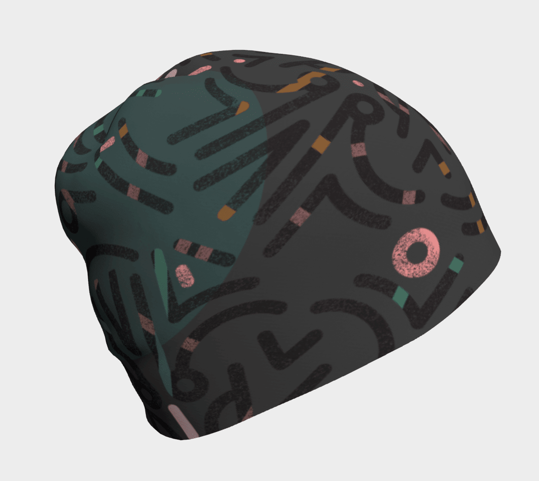 Gray beanie with a dark gray abstract line art pattern and teal, pink, and orange accents.