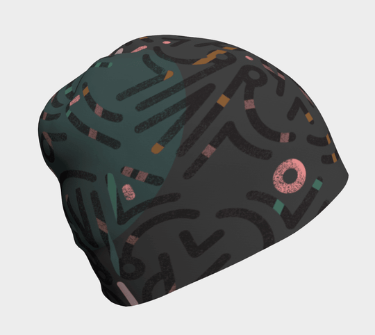 Gray beanie with a dark gray abstract line art pattern and teal, pink, and orange accents.