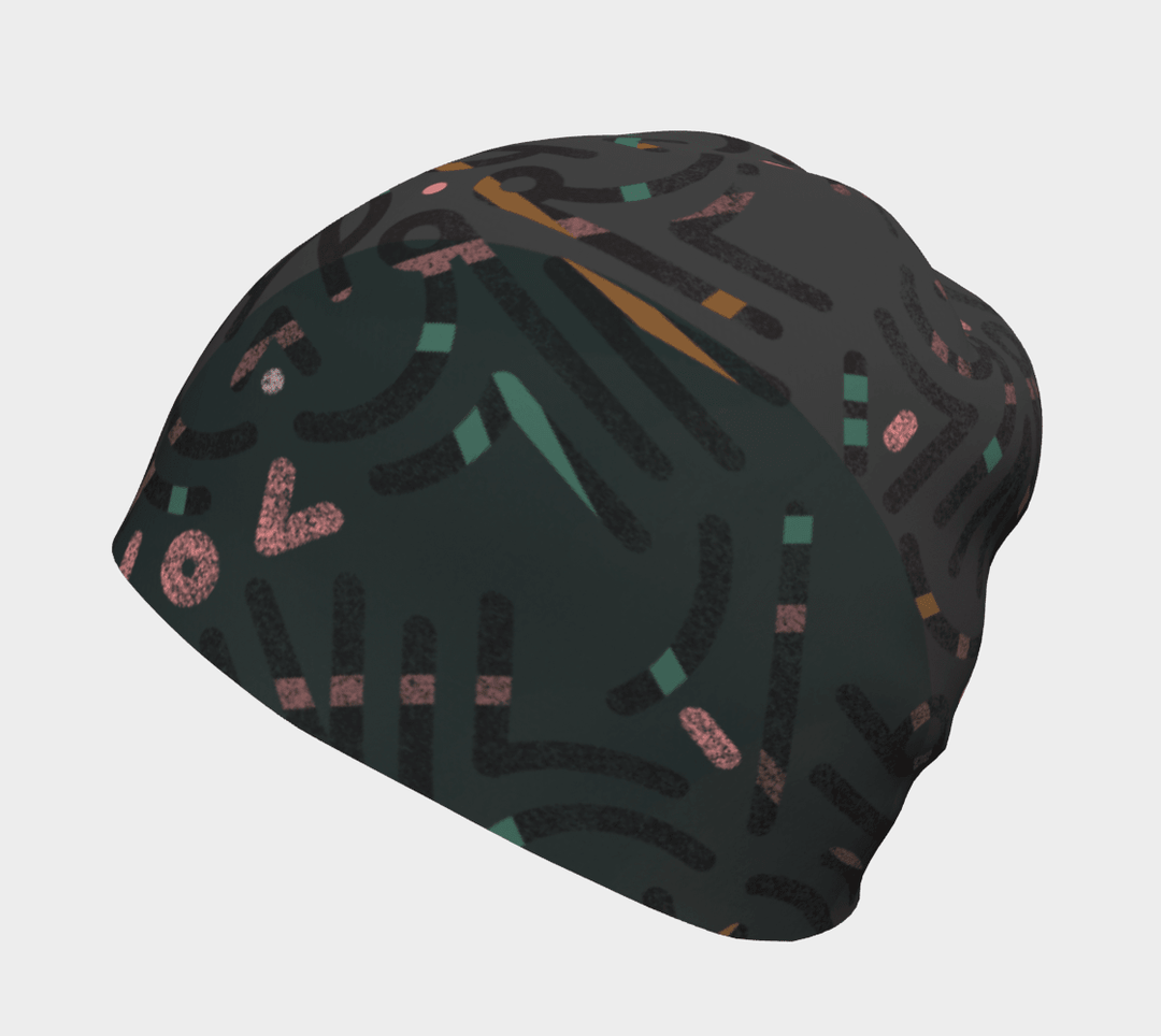 A gray beanie with a dark gray abstract line art pattern and teal, pink, and orange accents, shown from the side.