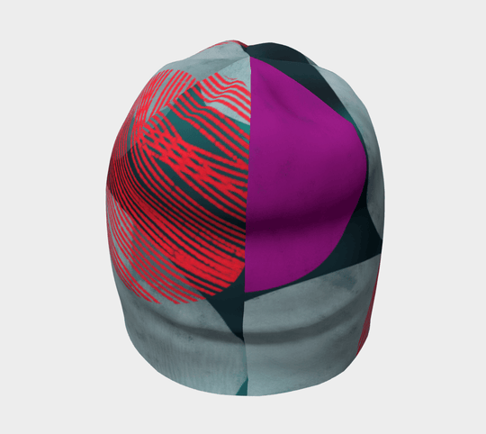 Side view of the Teal-Dots Beanie with abstract circular patterns in teal, gray, red, and purple.