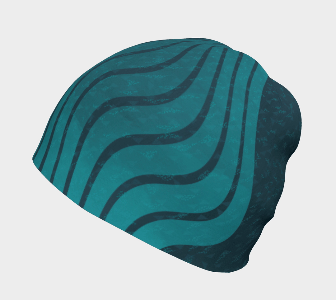 Side view of the Teal Flakes Beanie, showcasing the abstract wave pattern in teal on a dark teal background.