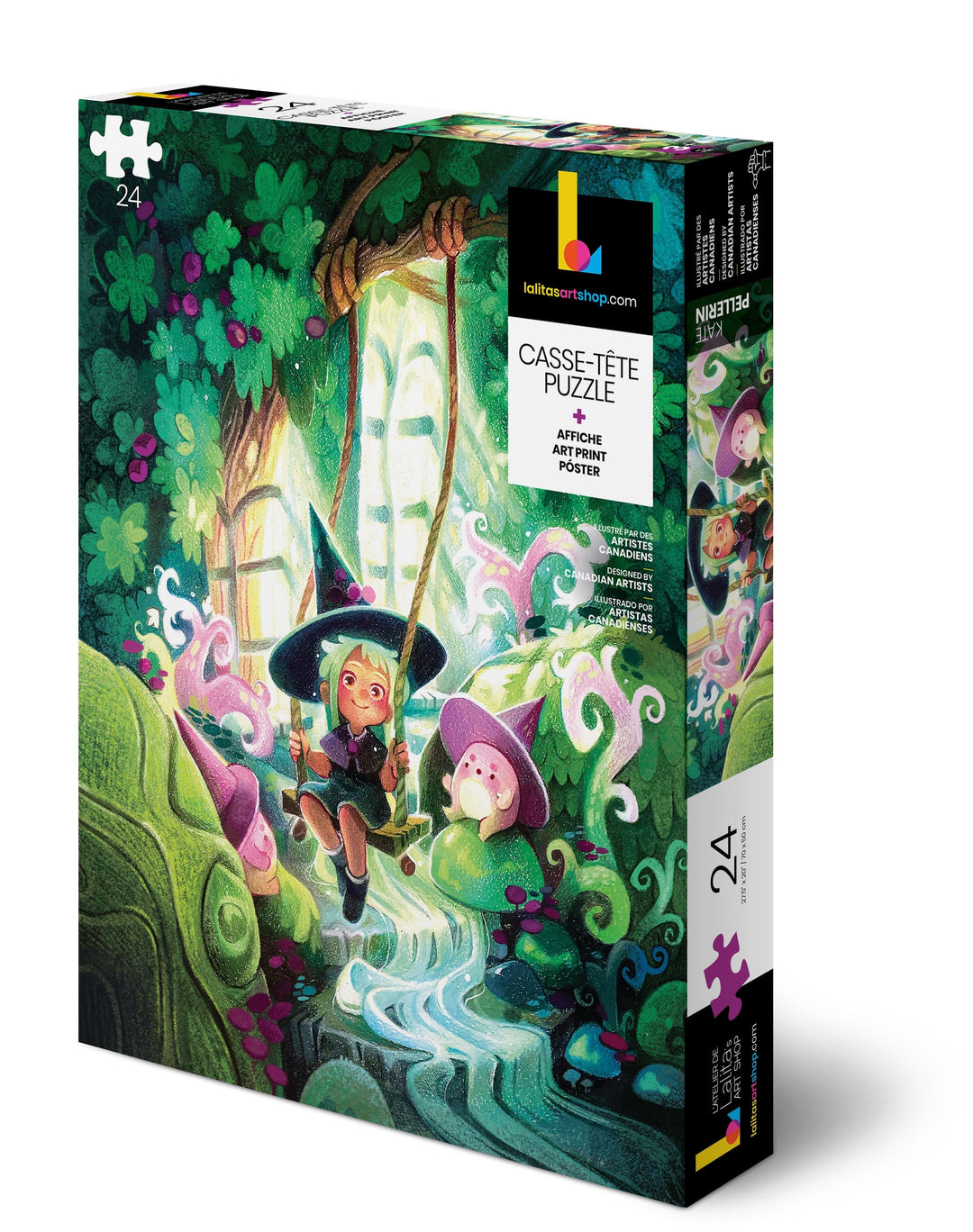 Box of The Magical Stairwell Puzzle for Kids showing two children in witch hats playing on a swing near a waterfall, with vibrant green foliage.